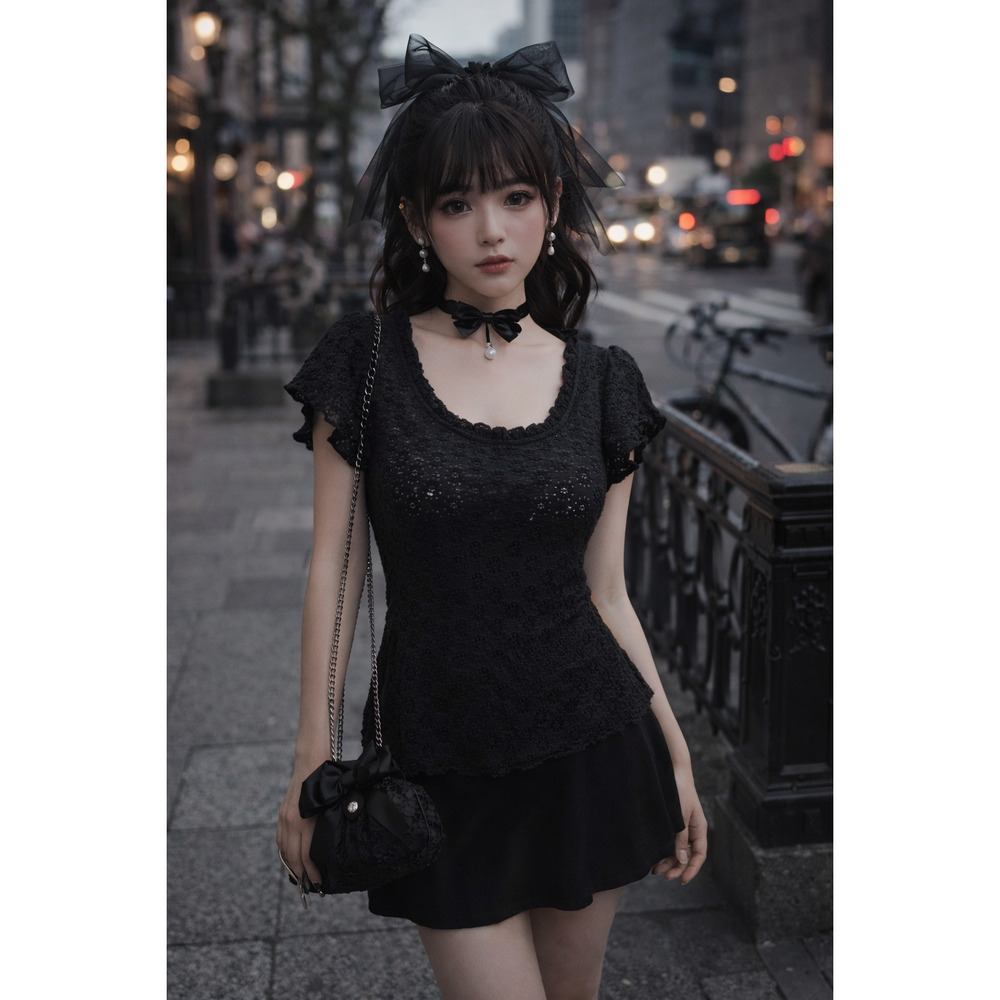 Chenault Black Ruffle sleeve Dark coquette top SZ small Lace knit Fairy grunge